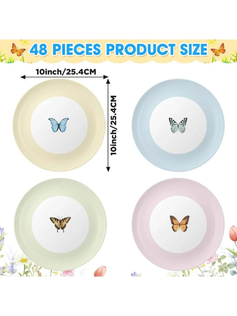 4-Piece 10-Inch Butterfly Melamine Plates - Reusable Pastel Dinnerware Set for